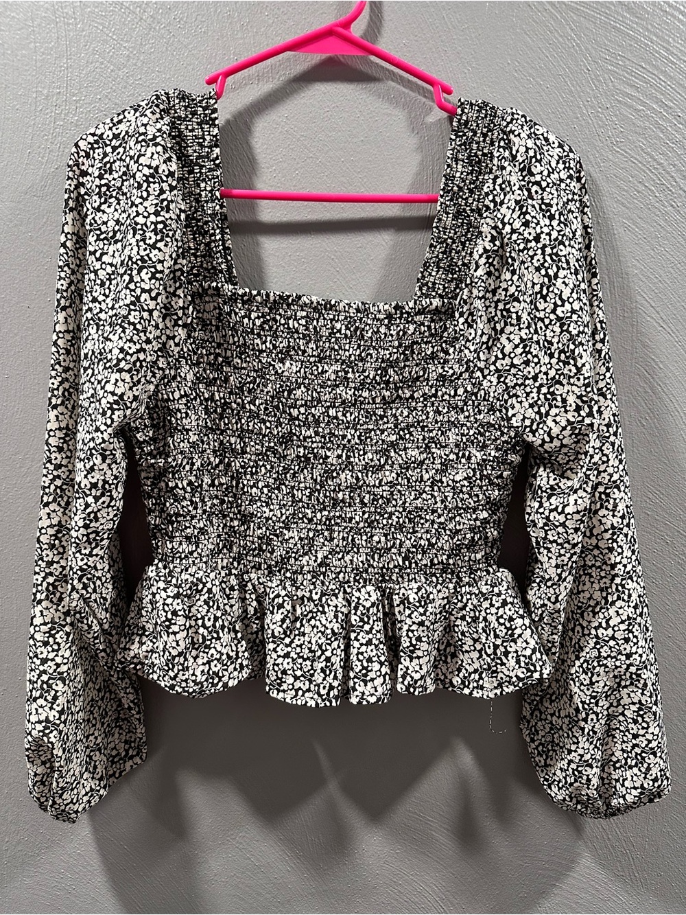 Japna Black & White Smocked Square-Neck Peplum Top